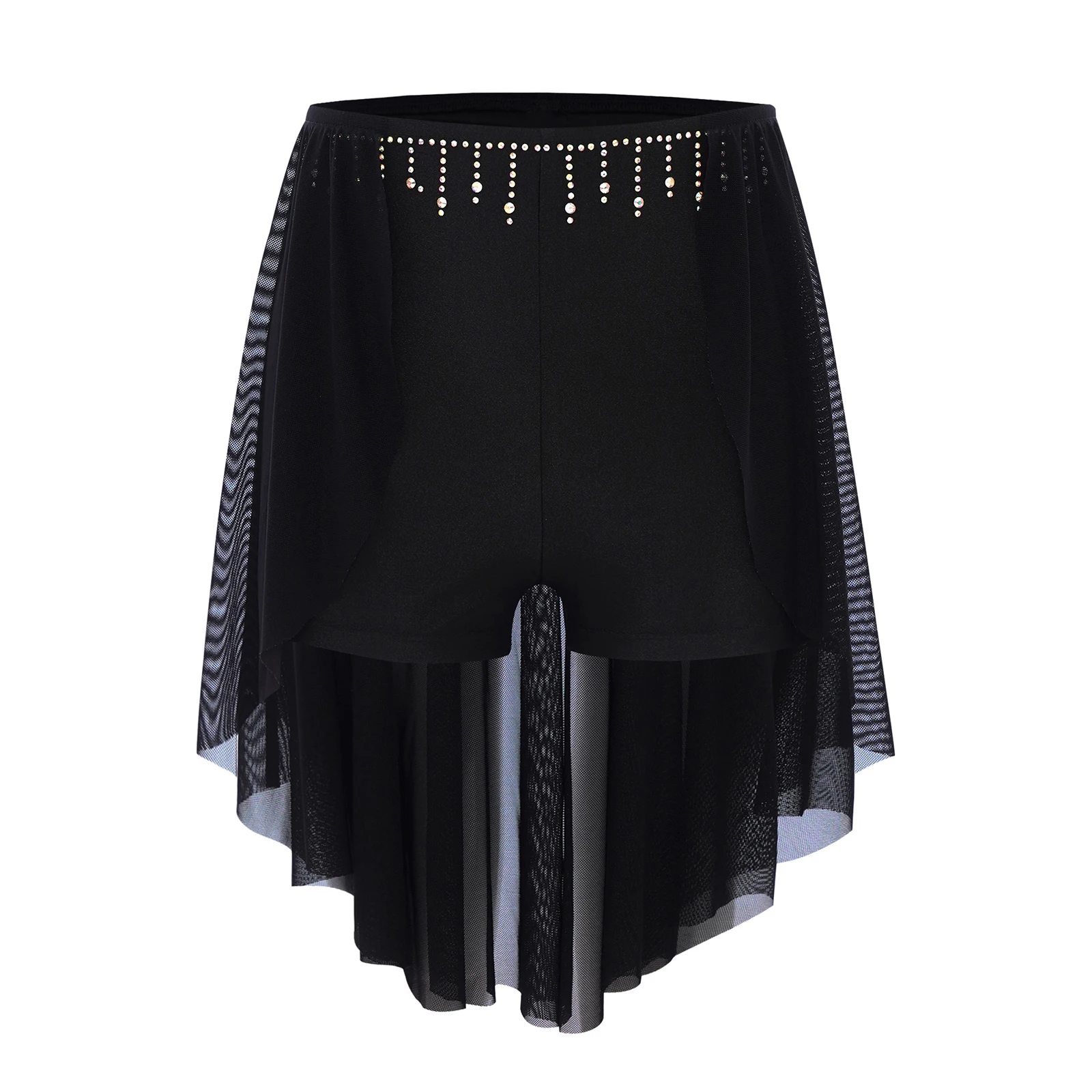 

Girls Lyrical Ballet Dance Skirt Kids Sparkly Rhinestones Asymmetric Open Front Mesh Short Skirts Figure Skating Dancewear