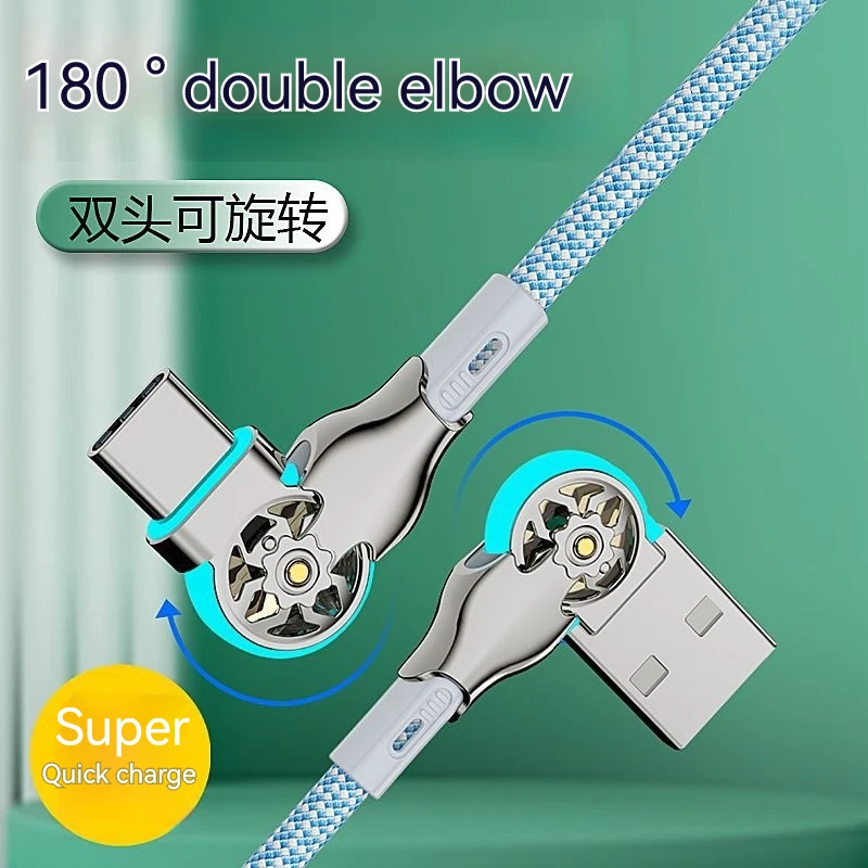 USB Tipo-C Duplo Cotovelo Giratório, Luz Nylon Trançado Extensão, Mech Rápido Carregamento de Dados Cabo, Universal Car