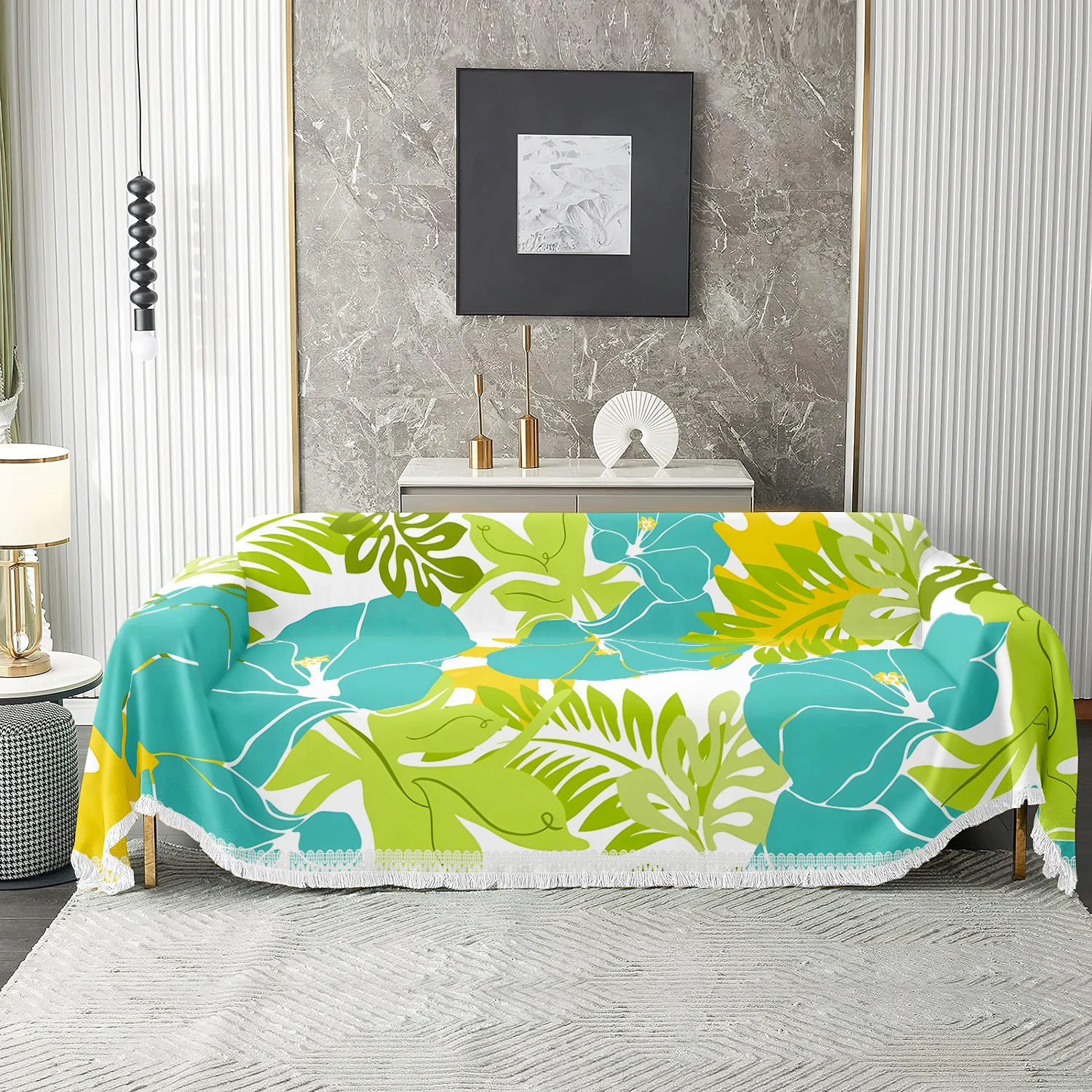 1pc Tropical Leaf Sofa Cover, Hibiscus Flower Couch Throw, Soft Washable Protector with Tassels