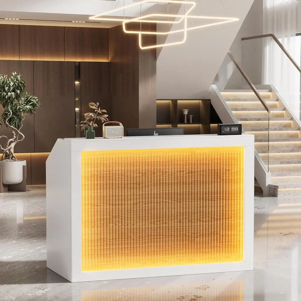 55.1 Desk, Retail Counter, Cash Wrap Counter | Desk with Charging Station, LED Light, Storage Shelves, Checkout Counter or Lobby