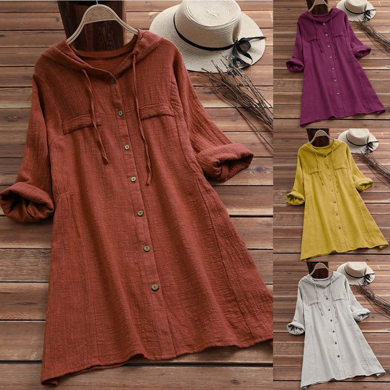 Women Blouses Vintage Linen Button Loose Shirts Summer Long Sleeve Casual Hooded Tops And Blouses Plus Size Shirts Tunic M-5XL