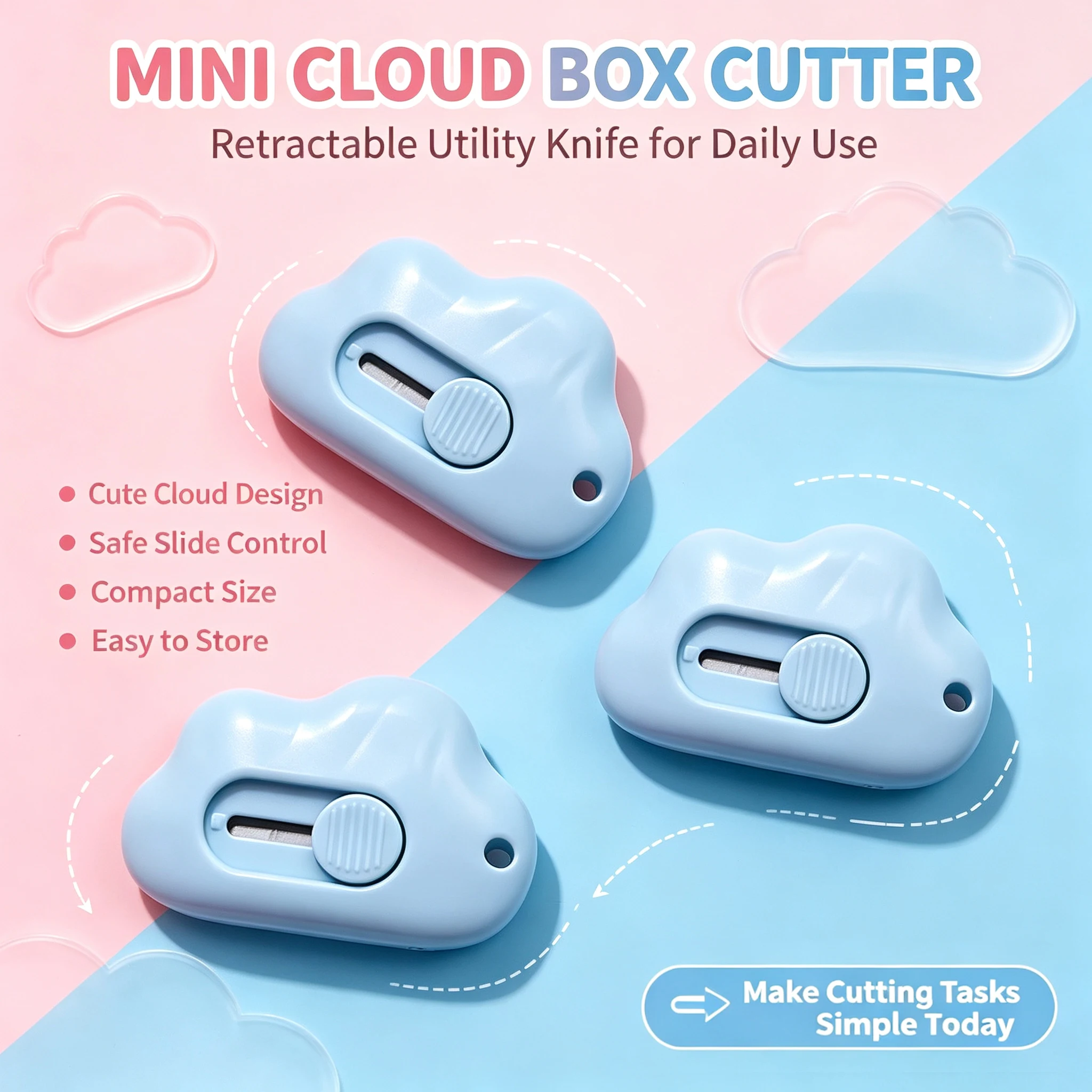 1/2/3Pcs Kawaii Cloud Mini Knife Retractable, Portable Express Box Paper Cutter, Letter Opener Stationery for School Office