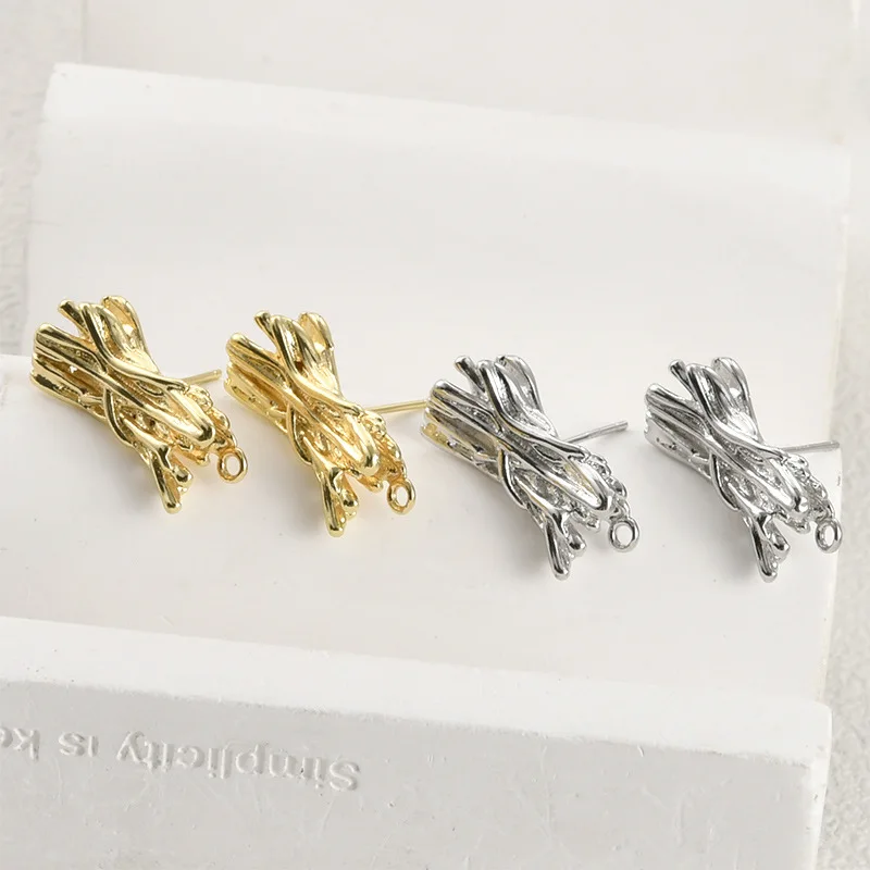 14k Real Gold Color Retention Staggered Branches Stump with Hanging Studs DIY Handmade Earrings Pearl Ear Jewelry Accessories