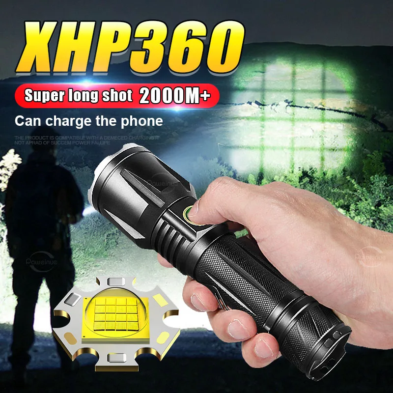 

Сверхъяркий светодиодный фонарь 50000000 лм XHP360, 5 режимов, с зумом, перезаряжаемый через Type-C, тактический фонарь, уличный рабочий фонарь