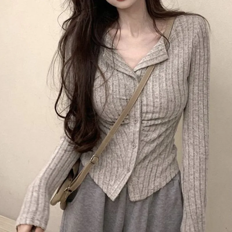 Autumn Korean Knit Cardigan V Lapel Long Sleeve Knitted Jumper Collar Sweater Coat Slim Cropped Cardigan Women‘s Y2k Clothes