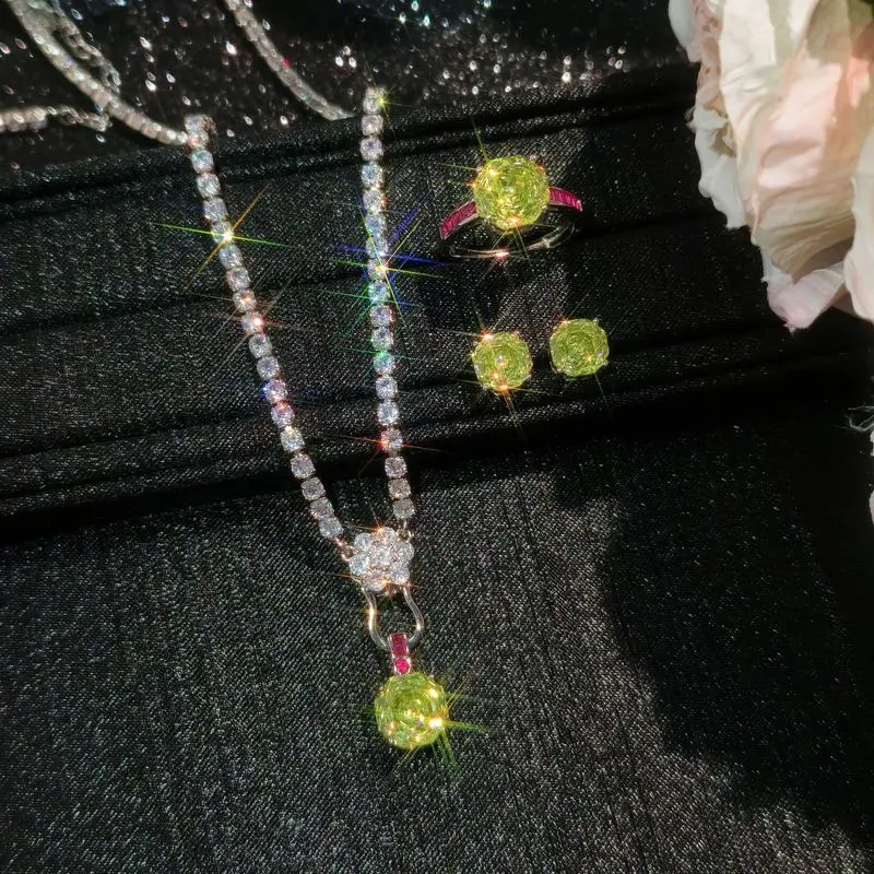 Punk-style apple green rose millennium cut luxury 925 sterling silver ring for ladies - exquisite earrings and pendant set - jew