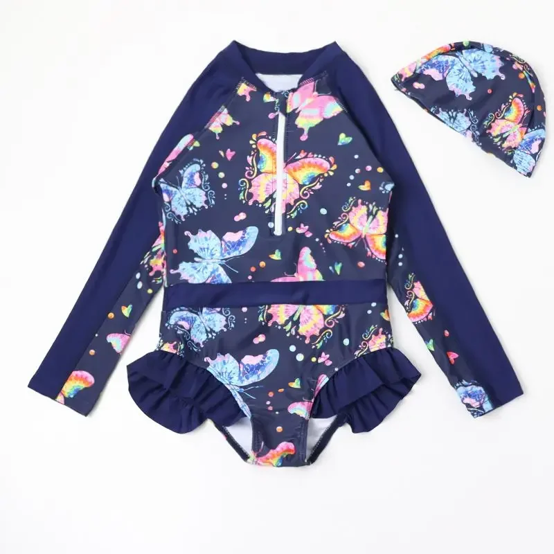 6-12 jaar badpak met lange mouwen en zwemhoed bloem gegolfde strandbodysuit kinderen meisjes eendelig badpak zomer kinderbikini