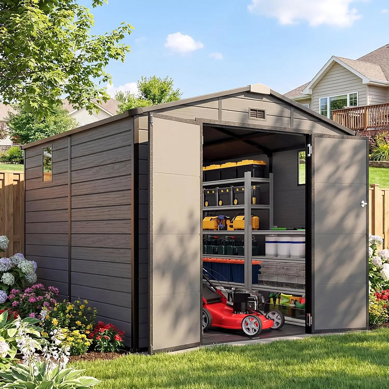 

8x8 FT Resin Storage Shed Floor Window Vent Lockable Door Heavy Duty Tool Garden Patio Bike Lawn Mower Pool Supplies, Custom