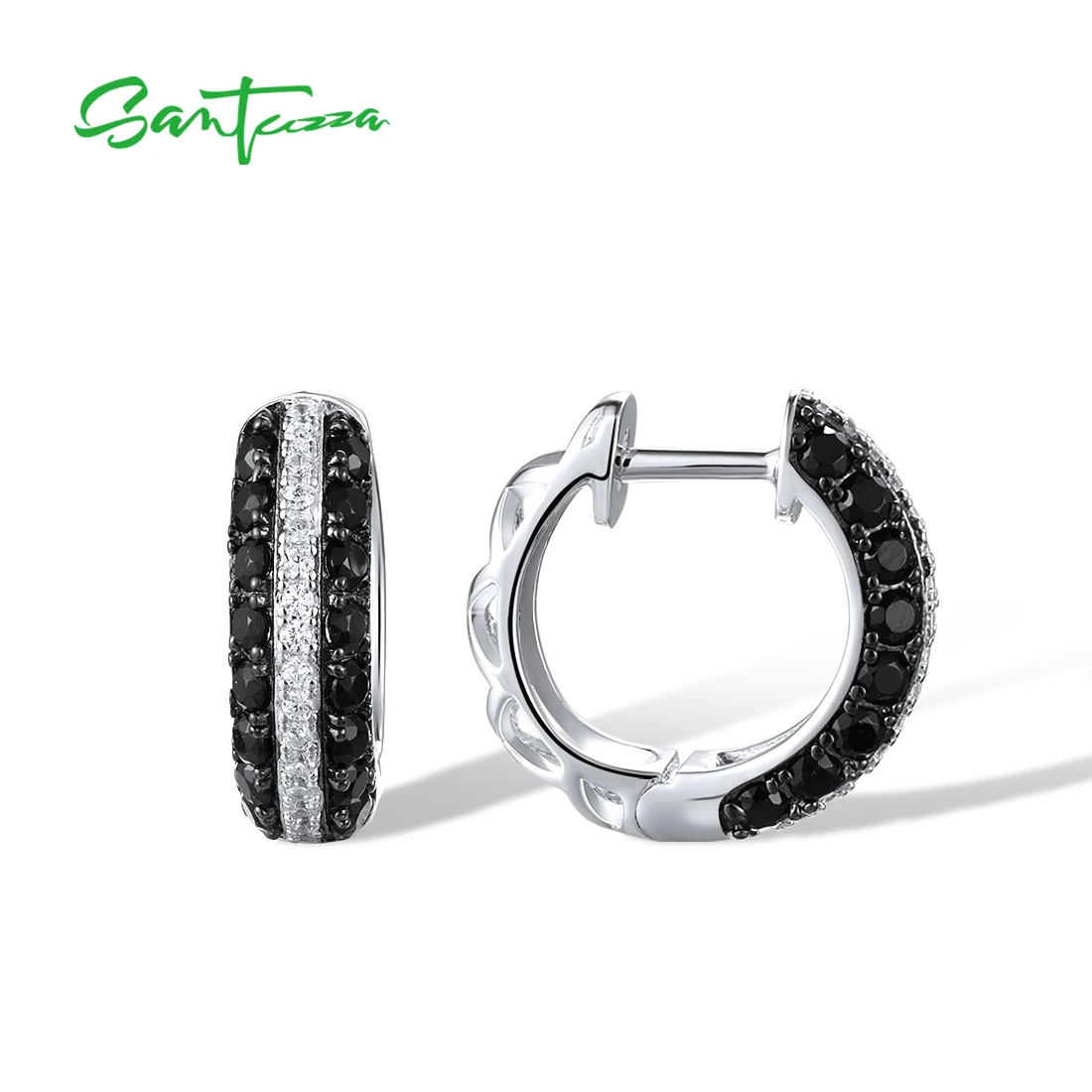 SANTUZZA Authentic 925 Sterling Silver Hoop For Women Black Spinel White Cubic Zirconia Classic Party Delicate Fine Jewelry