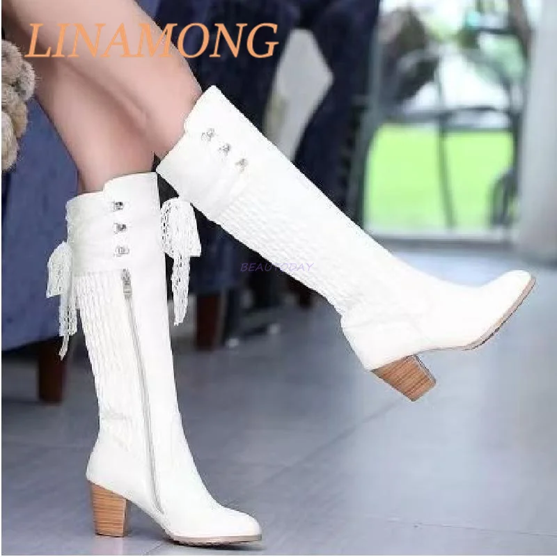 

Embroidered Lace Boots Fashionable Top Layer Cowhide Knight Boots Belt Buckle Side Zipper Design High-Heeled Knee High Boots