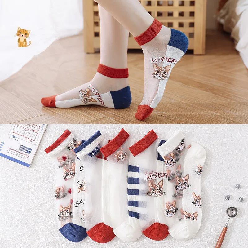 5 Pairs Japanese Korea Lovely Cartoon CatsWomen Transparent Silk Socks Summer Breathable Kawaii Soft Casual Cute Girls Dress Sox