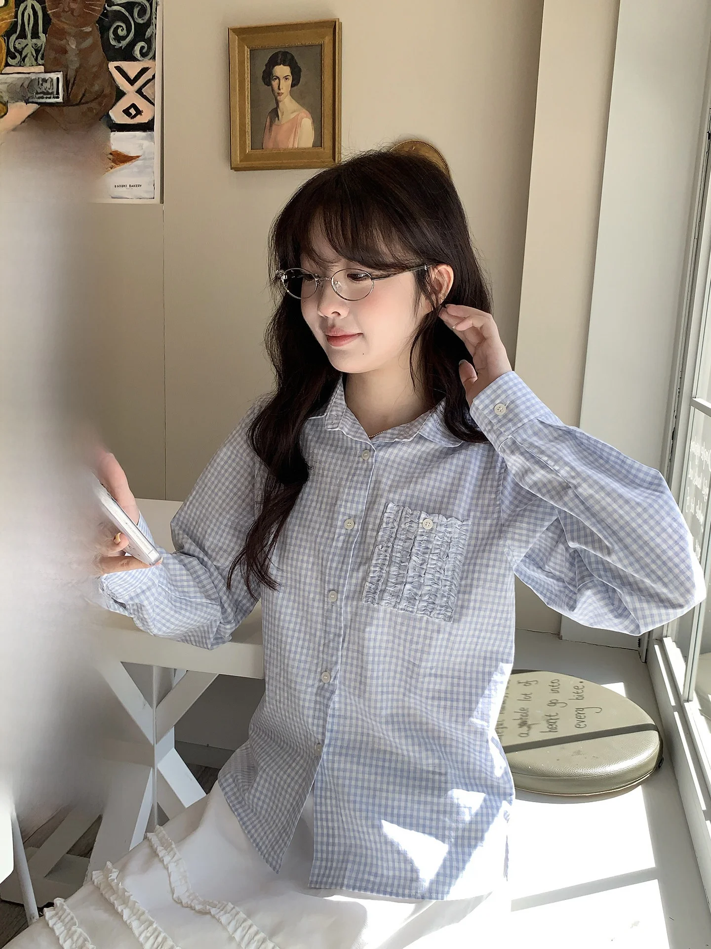 

Новая женская блузка Holli в корейском стиле с красивым дизайном, рюшами и клетчатым узором, повседневная, с длинным рукавом, весна