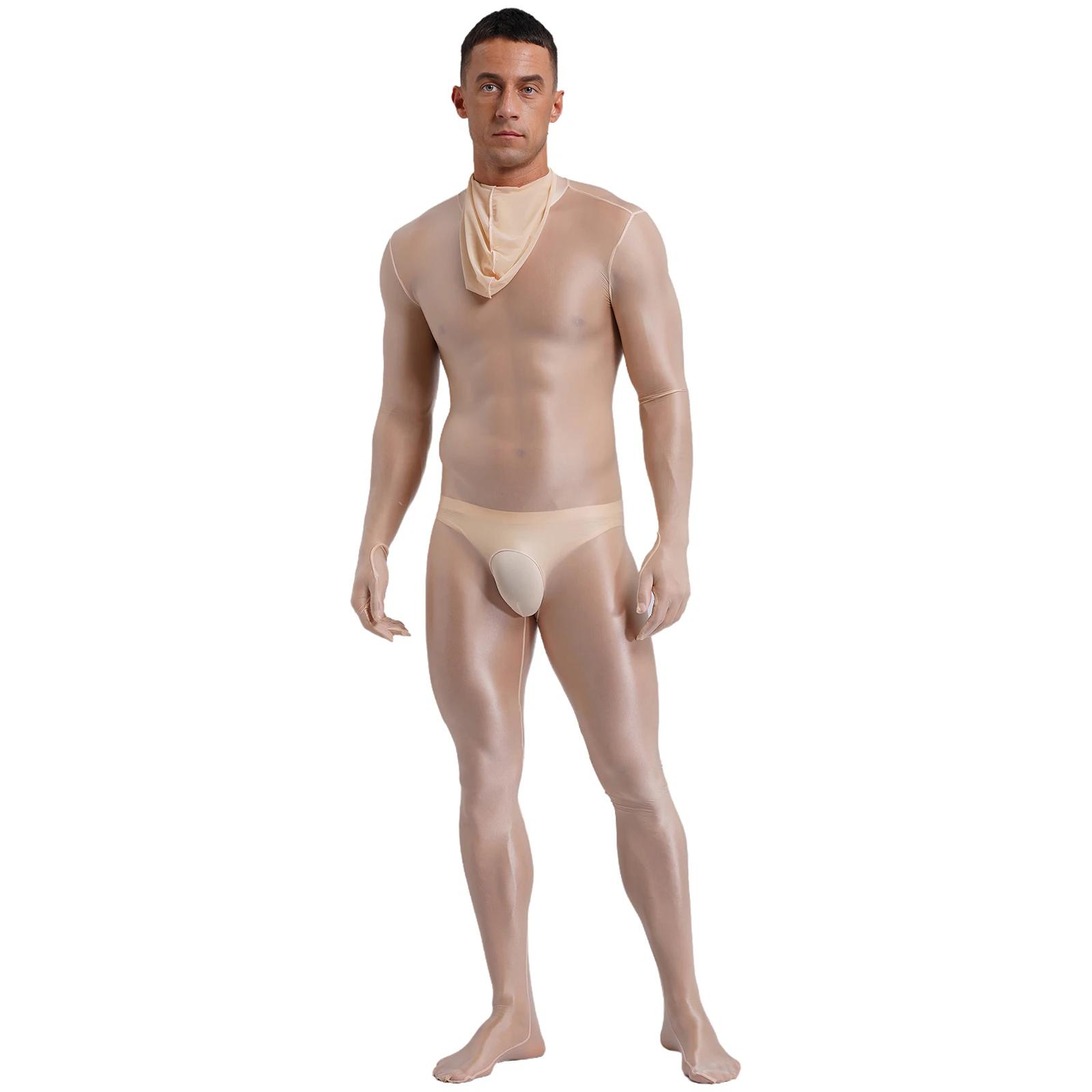 Mens Crotchless Back Zipper See-Through Sexy Bodystocking Lingerie Zentai Costume Glossy Full Body Stretchy Tights Full Bodysuit