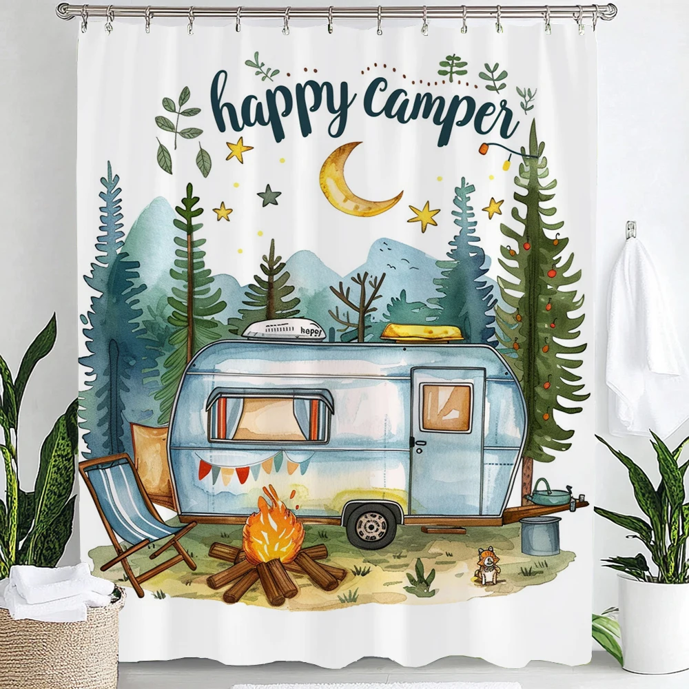 

Декоративная занавеска для ванной Happy Camper, детская занавеска для ванной из полиэстера с мультяшным принтом, домашняя занавеска с крючками