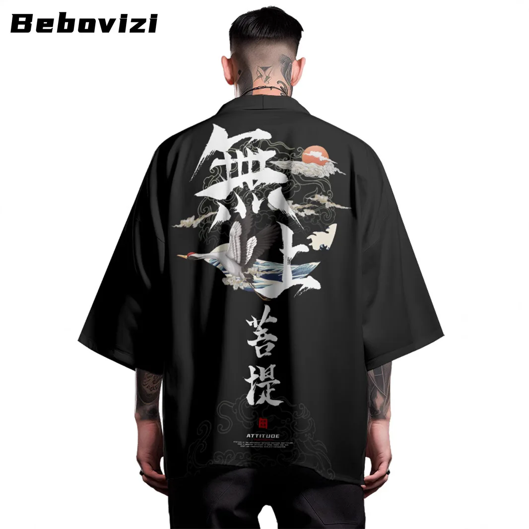 Chinese Style Kimono 2025 Men Cardigan Anime Crane Print Harajuku Haori Japanese Women Beach Yukata Samurai Cosplay Tops