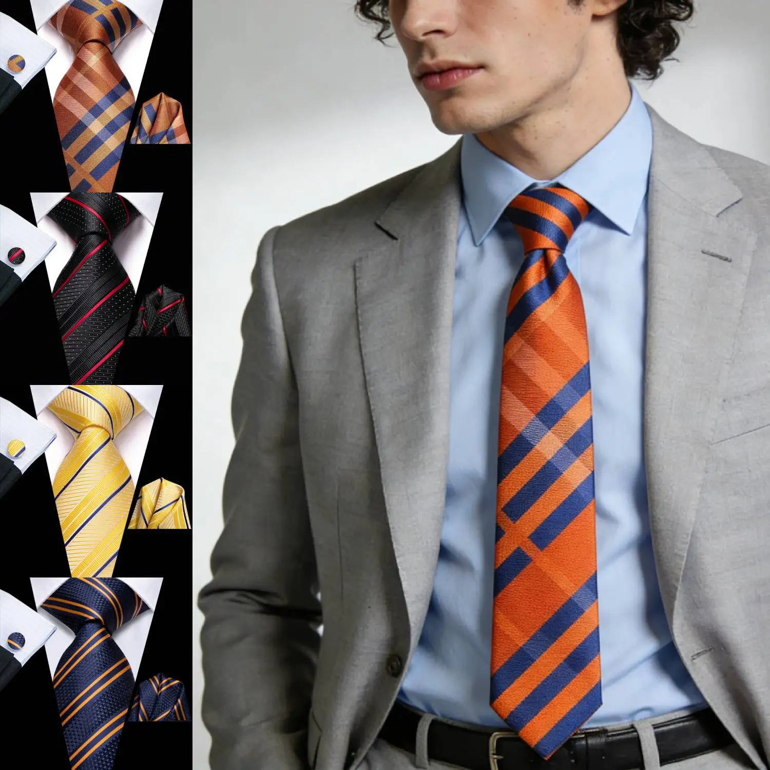 Extra Long Tie Set for Men, 3-Piece Wedding Accessories with Cufflinks & Pocket Handkerchief, Striped/Floral Design