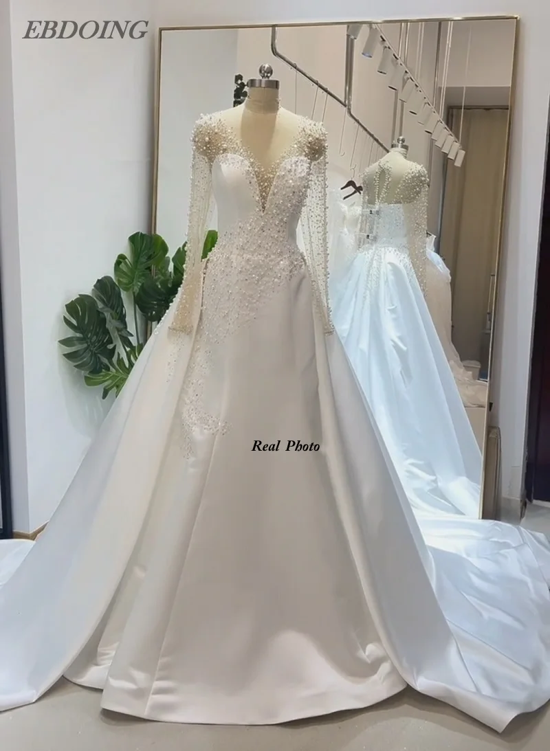 

EBDOING Свадебное платье Русалка из атласа 2 в 1, глубокий вырез в форме сердца, длинные рукава, расшитое бисером платье невесты по индивидуальному заказу