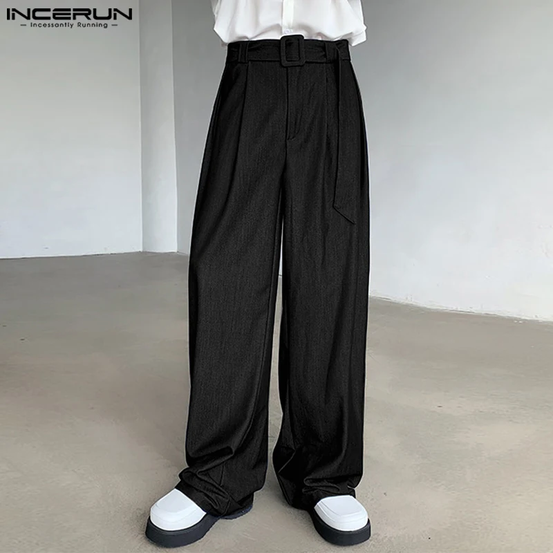 

INCERUN Men Pants Solid Color Joggers Loose Button Casual Trousers Men With Belt Streetwear 2024 Fashion Wide Leg Pants S-5XL