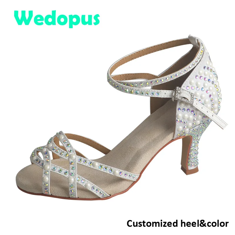 

Wedopus/свадебные танцевальные туфли цвета слоновой кости на индивидуальном каблуке, сандалии с кристаллами и жемчугом, женская обувь на среднем каблуке для танцев, дропшиппинг
