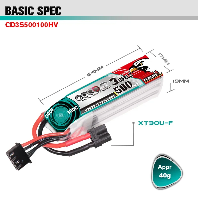 CODDAR 3s 100C 11.4V 500mAh LiPo HV Battery For RC Quadcopter Helicopter Boat Drones Spare Parts with XT30 Plug Large Capacity