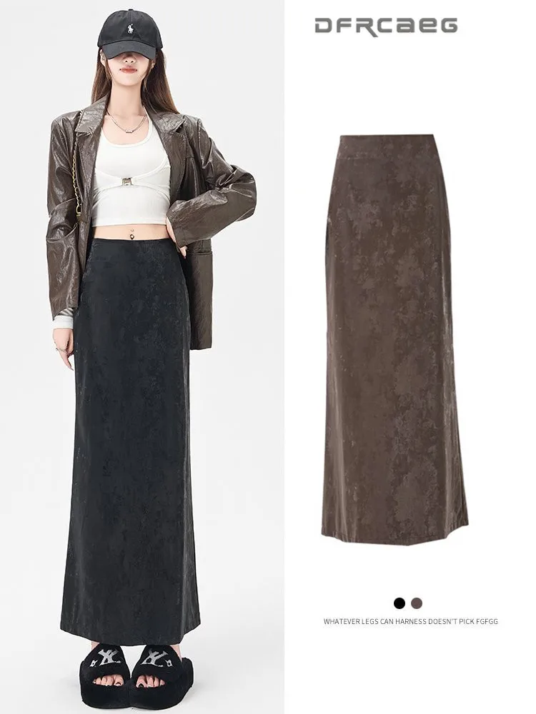 

Korean Style Retro Women's PU Leather Straight Skirts Elegant Slim Sexy Open Split Maxi Skirt Lady Coffee