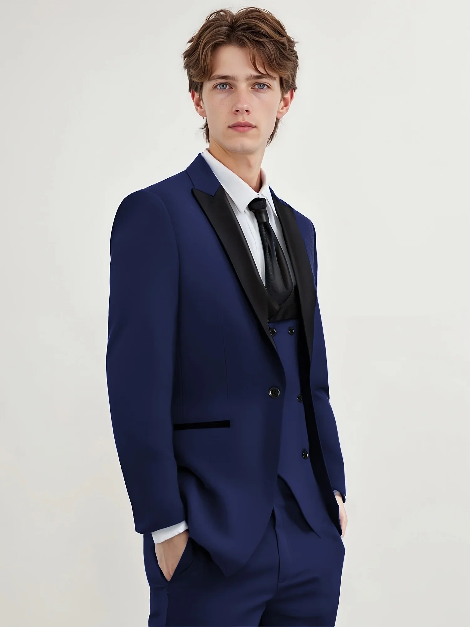 

Mens Formal Suit Set 3pcs Double Breasted Jacket Vest Trousers Business Attire Gentleman Office Wear