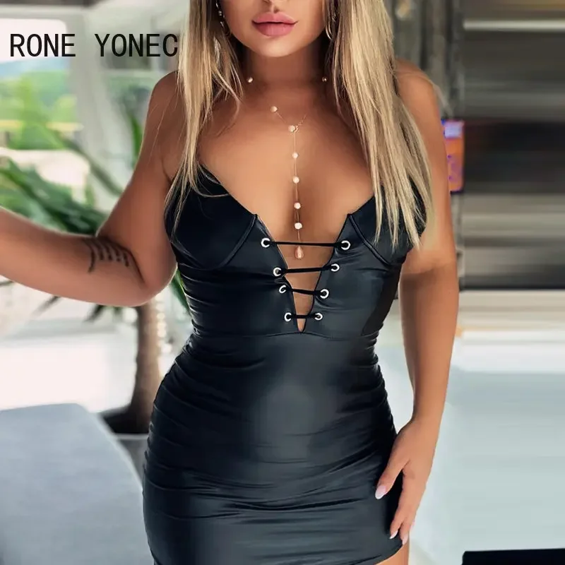 

Women Sexy Spaghetti Strap Lace Up Deep V Neck Bodycon Mini Sexy Party Black Dresses