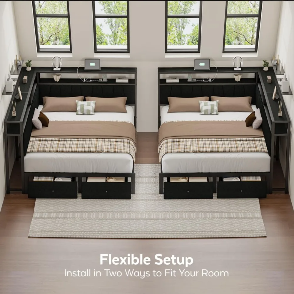 Queen Corner Bed Frame with Storage Drawers, LED Lights, Charging Station, Metal Platform, Black