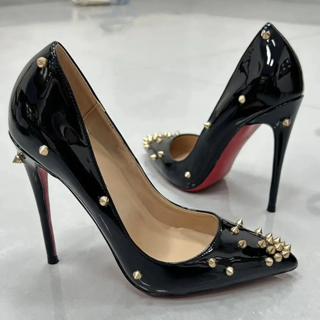 Gold Rivets Decorate Black Leather Women Single Shoes Pointed Toe Red Sole Pumps Female 8 10 12cm High Heels Classics Style 2026