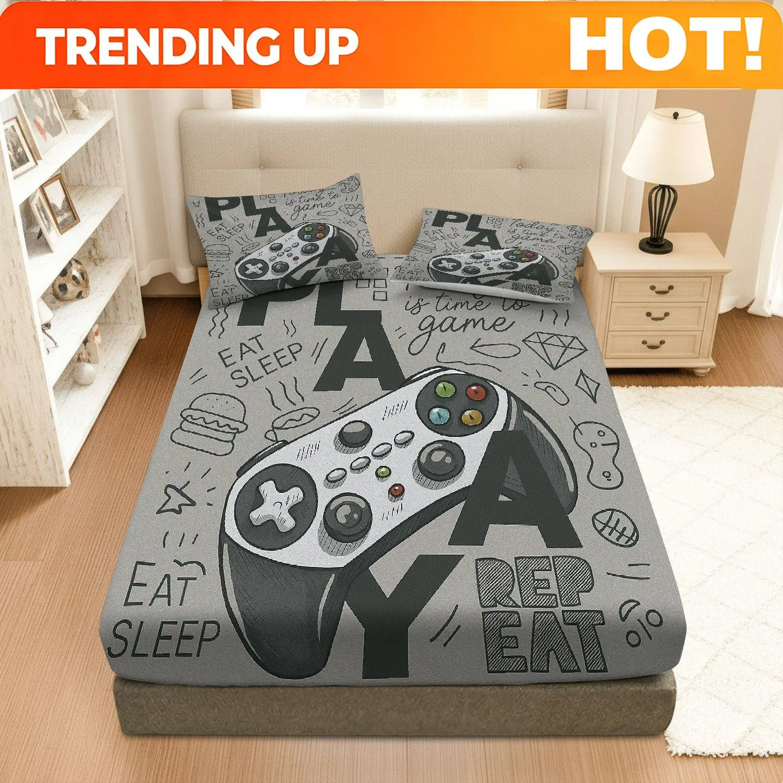 Customize 3pcs Play Game Console Fitted Sheet Three Piece Set (1*Fitted Sheet+2*Pillowcases, Coreless), Gaming Theme, Video Game