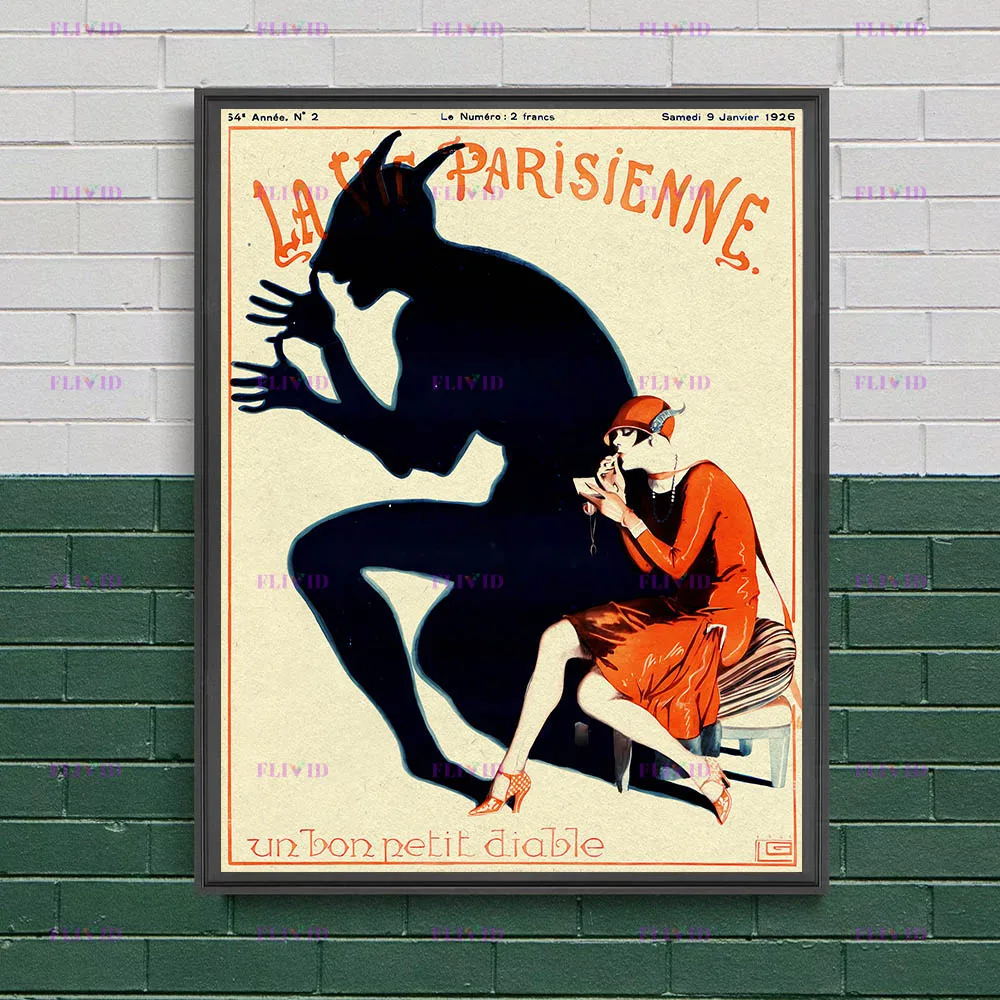 1920s Parisian Poster Print,Art Deco Flapper & Demon Wall Art, Antique French Illustration Poster For Living Room Decor Unframed