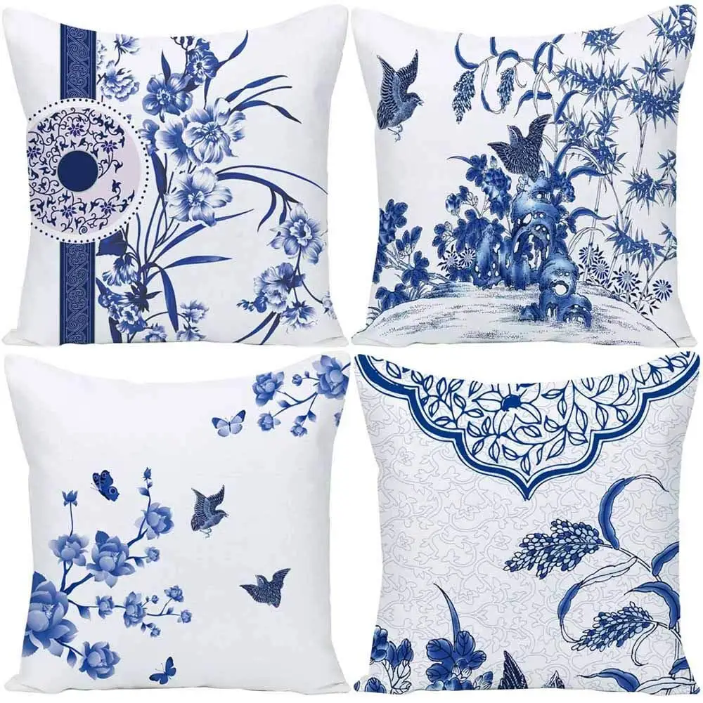 Blue and White Pattern Pillowcase Living Room Sofa Cushion Cover Home Decoration Ink  40x40