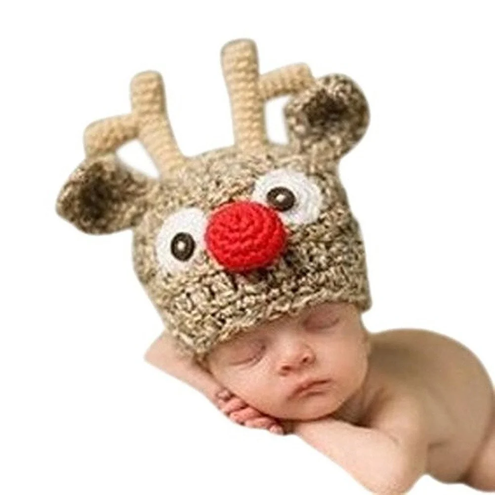 

Baby Handmade Knit Crochet Reindeer Hat Warm Soft Wool Yarn Winter Headwear Antlers Photo Prop Adorable No Odor No Fading