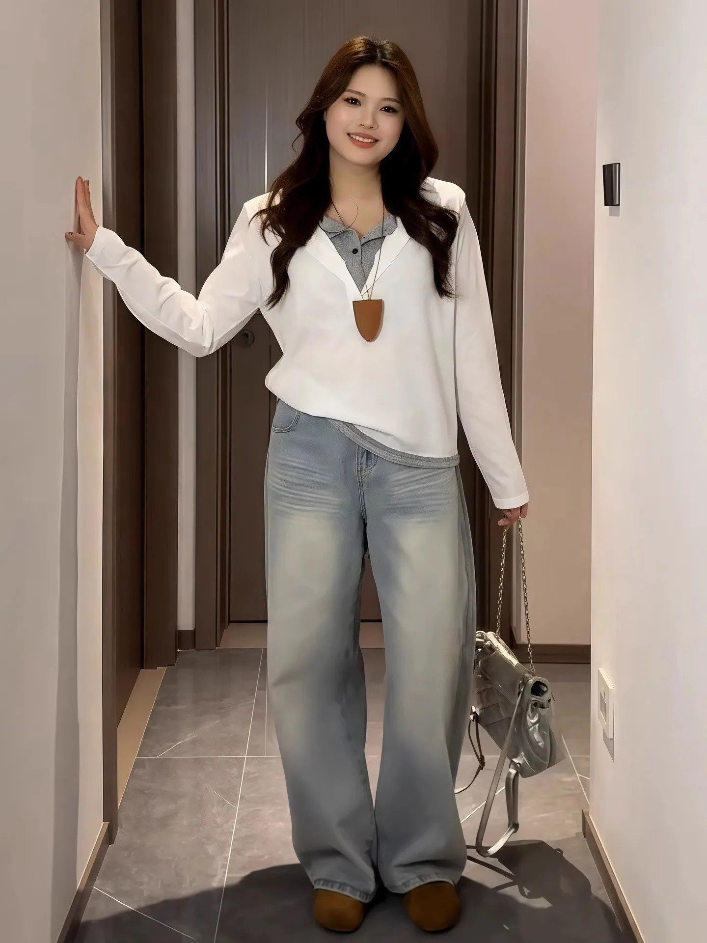 المرأة طويلة الأكمام تي شيرت 2025 الخريف جديد اللون حجب وهمية قطعتين المألوف خفيفة الوزن البلوز القمم #5