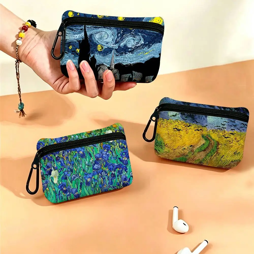 Van Gogh Oil Painting Oxford Cloth Zipper Coin Purse Portable Hanging Key Pouch Organizer For Travel Cosmetic Bag