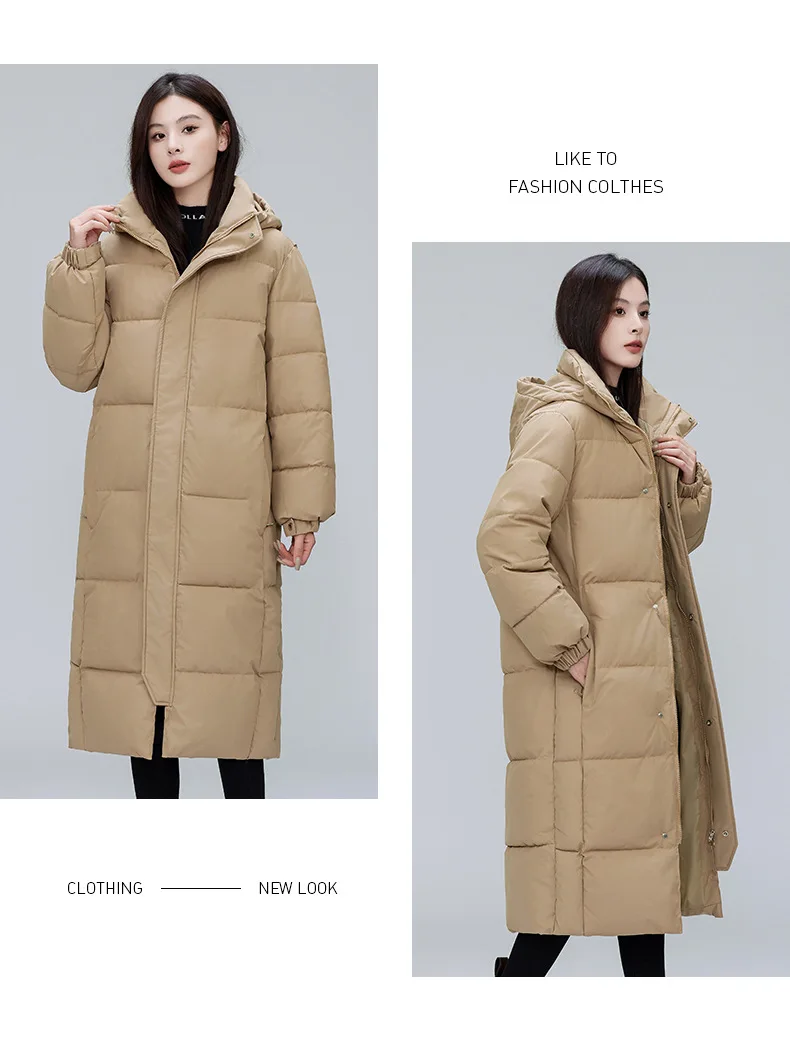 Winter Long Puffer Coat for Women Hooded Quilted Windproof Warm Zip Up Outerwear Russian Cold Weather Snow Jacket Over Knee Cozy