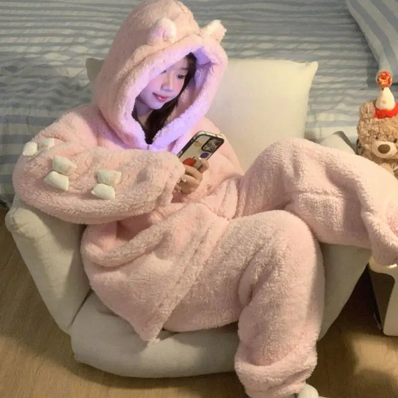 

Girl's Cute Sleepcoat Nightgown Homewear Pajama Thickened Flannel Coral Fleece Women's Long Sleeve Pants Outerwear Autumn Winter