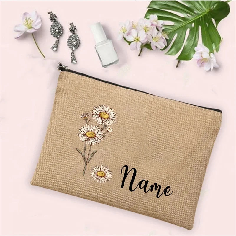 Personalized Customization birth Month Name Date Flower Makeup Bag Women Travel Makeup Zipper Handbag Toilet Toiletries Wallet