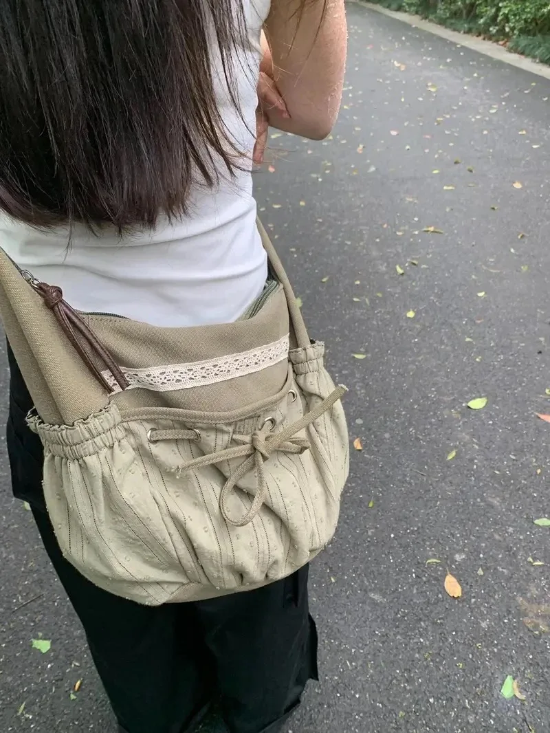 Korean Bow Canvas Crossbody Bags Women Fashion Vintage Drawsting Shoulder Bag 2024 New Casual Y2k New Retro Ladies Messenger Bag