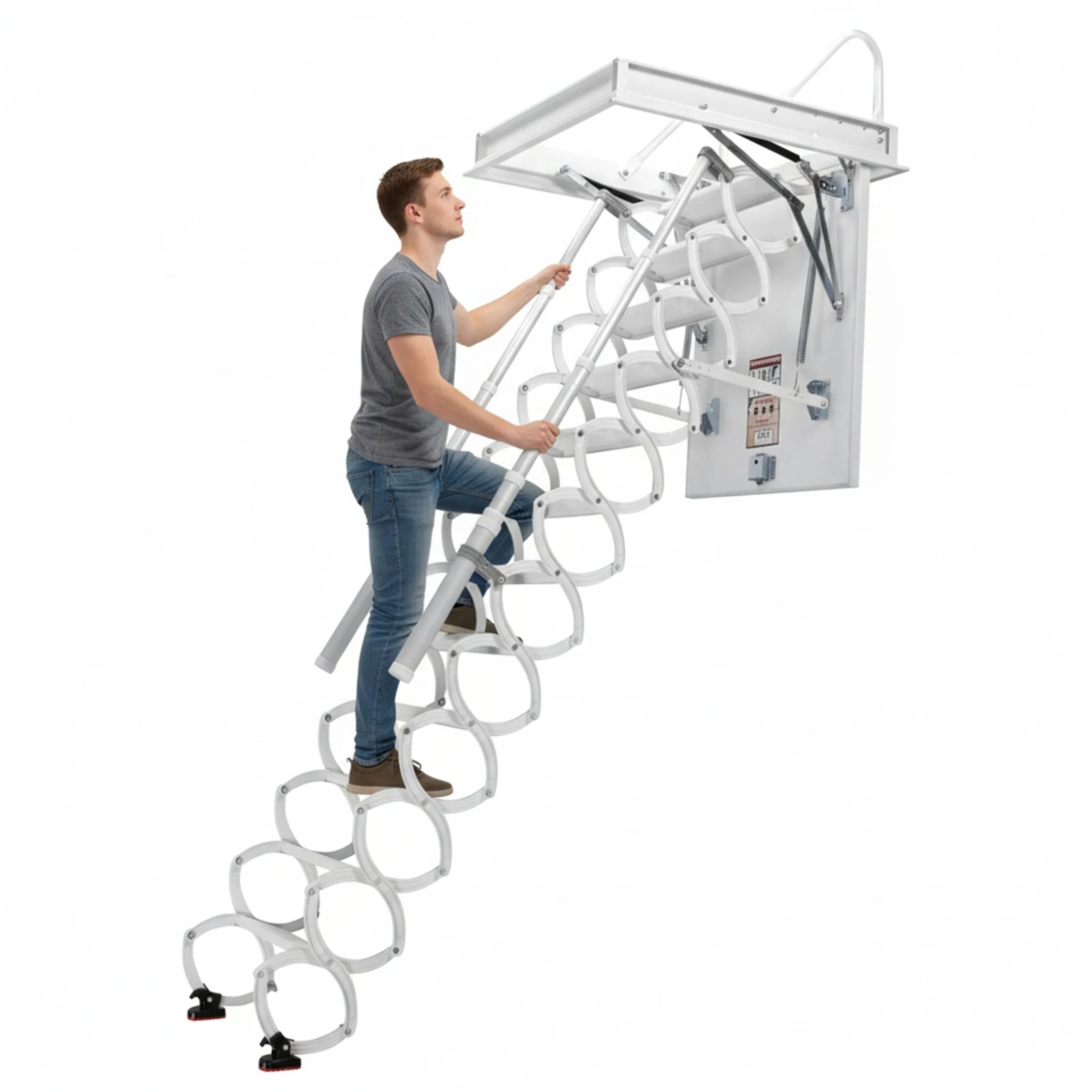 

12 Steps Ceiling Mounted Attic Ladder with Handrails Wall-Mounted Staircase 660LBS Capacity Height Adjustable for Rough Opening