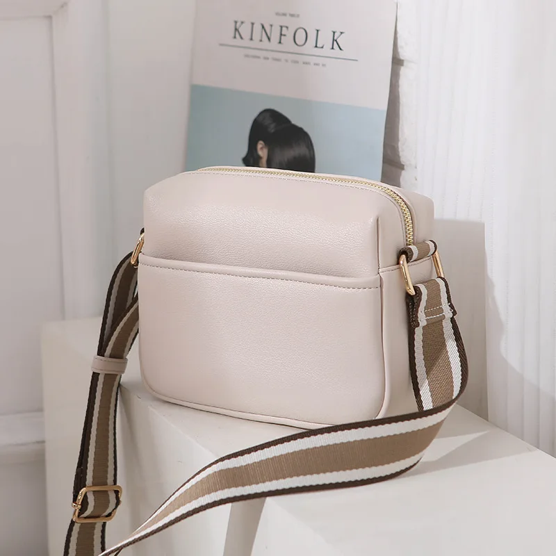 Solid Square Women Crossbody Bags Wide Fabric Strap Crossbody Bag Ladies Fashion Handbags Zipper Leather Women Shoulder Bags