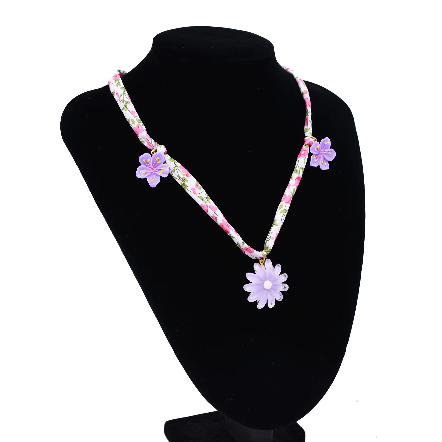 Euramerican Lovely Acrylic Cartoon Graphics Pendant Floral Stripe Textile Crafts Necklace Creativity Woman Girl Fashion Jewelry