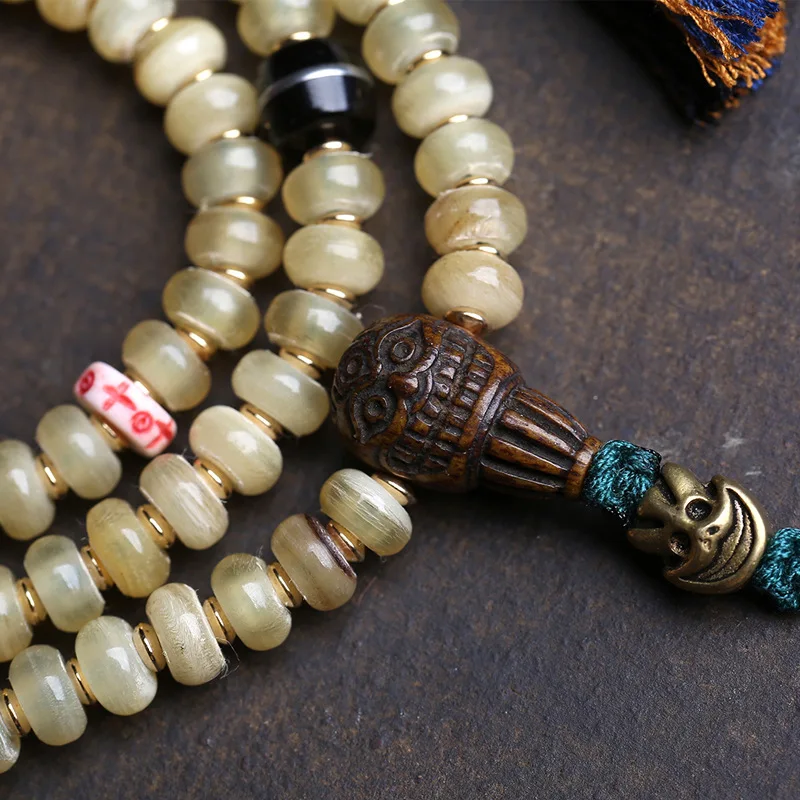 108-Bead Buddhist Prayer Beads Silk Pattern, Hand-Held With Tassels, Side-Hanging Accessory, Made Of Recycled Bone A