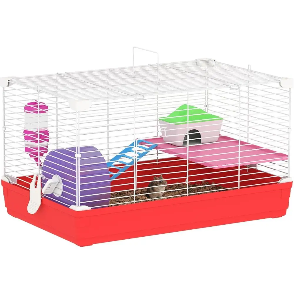 

Клетка для хомяка с колесом для бега, поилкой, миской и домиком, красная