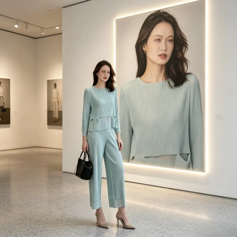 

Miyake Pleated 2026 New Set for Women Spring and Autumn Casual Plus Size Long Sleeve Top and Wide Leg Pants Two-Piece Set Pleat