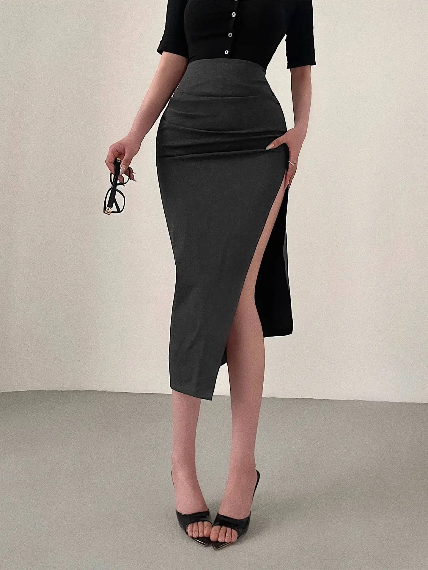 Mature Pure Desire Sexy High Waist Irregular Pleated High Slit Mid-Length Bodycon Skirt Fashion Sexy Women Long Skirts TD4I