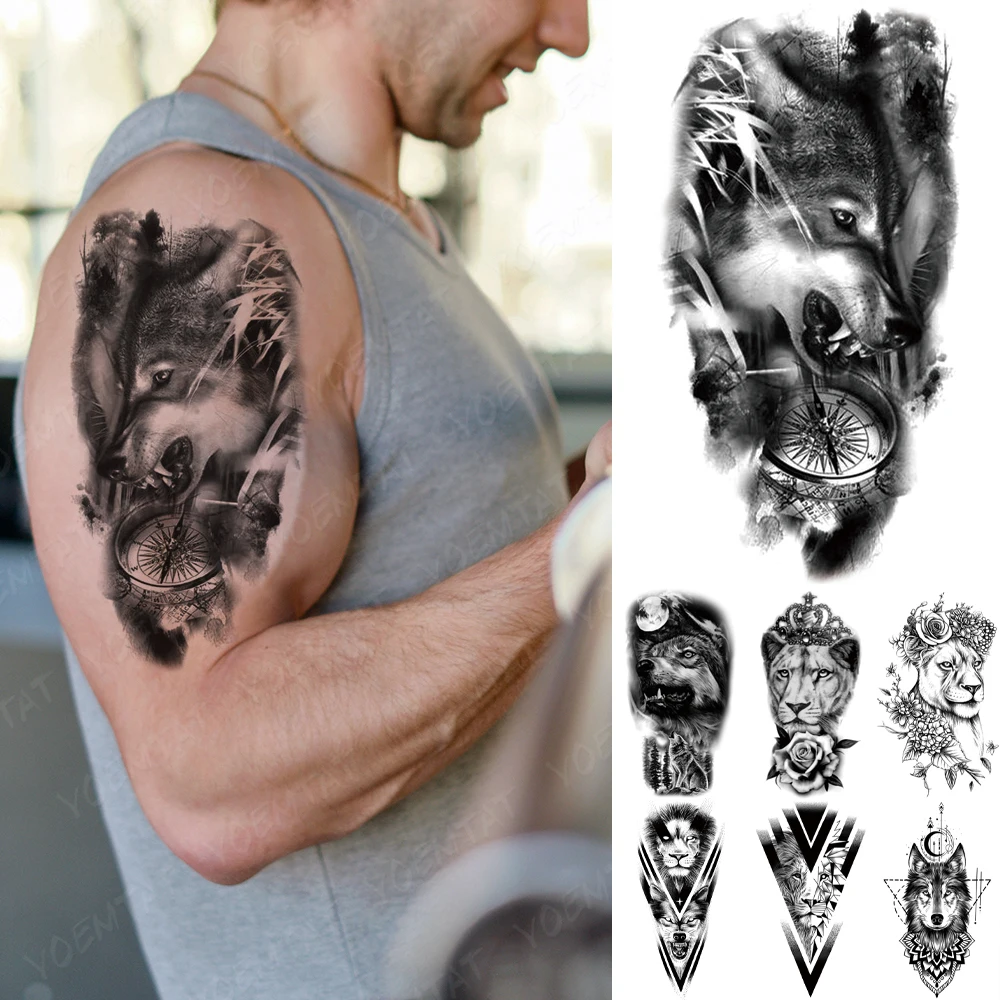 

Waterproof Temporary Tattoo Sticker Forest Wolf Clock Flash Tatto Lion Tiger King Rose Flowers Body Art Arm Fake Tatoo Men Women