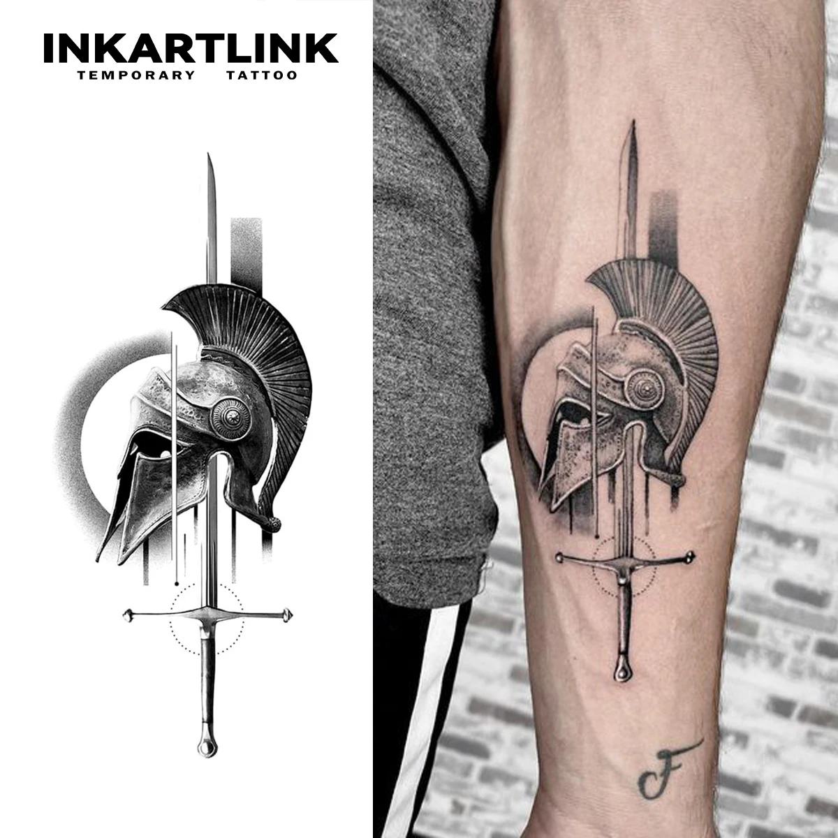 Corinthian Helmet And Sword Temporary Tattoo,Lasts To 15 Days New Technology Magic Waterproof Semi Permanent Sticker,For Party.