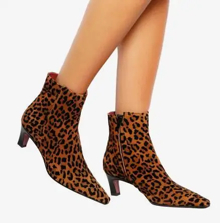 

Autumn Ladies Leopard Black Suede Kitten Heel Small Square Toe Ankle Boots Women Fashion Zipper Side High Heel Short Booties