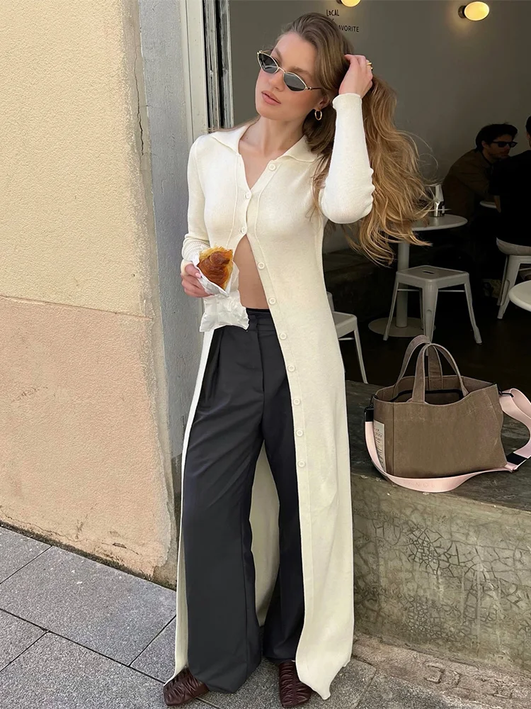 

Trendix Elegant Knit Cardigan Dress Women Summer Solid Lapel Long Sleeve Maxi Dresses High Street Casual Knitwear Dress Female